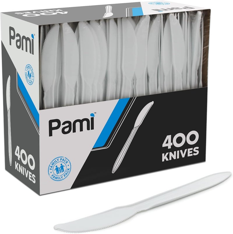 PAMI 400-Pack Disposable Plastic Knives, Medium-Weight Sturdy Cutlery for Parties, Catering, Weddings, Takeaway (Knives White) - Image 1